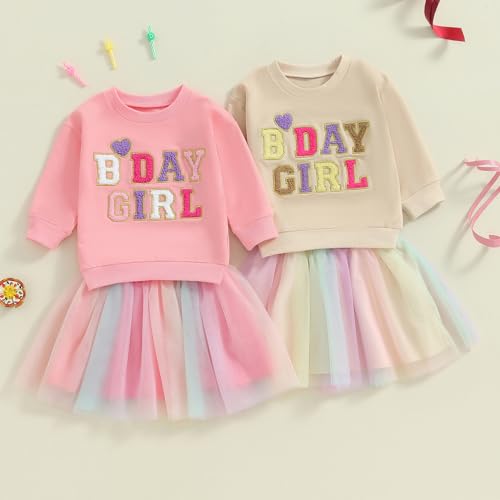 Toddler Baby Girls Birthday Outfits Birthday Girl Embroidery Letter Sweatshirt Tops+Rainbow Tutu Skirt Fall Clothes2