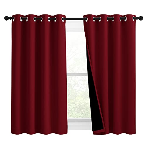NICETOWN 100% Blackout Curtains with Black Liner Backing, Thermal Insulated Curtains for Living Room, Noise Reducing Drapes for Christmas, Burgundy Re