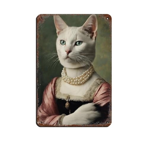 WOPIYNAG Cartel de metal con collar de perlas con diseño de gato real con perlas, arte elegante, retro, pintura de hierro, bar, cueva de personas, cafetería, garaje, póster para decoración de pared