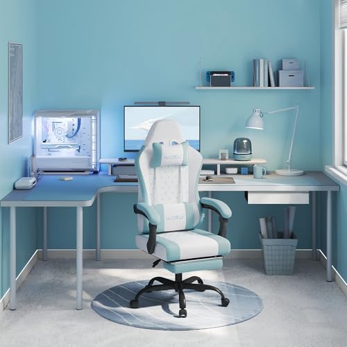 Sedia Gaming con Massaggio, Poltrona Ufficio Ergonomica, Ampia Sedia Girevole Imbottita per Computer con Cuscino Lombare Massaggiante, Carico 150 Kg, Tessuto a rete Bianco+Blu - Sedia gaming - Immagine 8
