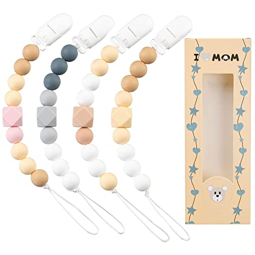 Pacifier Clip for Baby Boys Girls 4 Pack, Edible Grade Silicone Pacifier Holder Flexible Plastic Clips for Baby Birthday Gift for Sleeping Baby