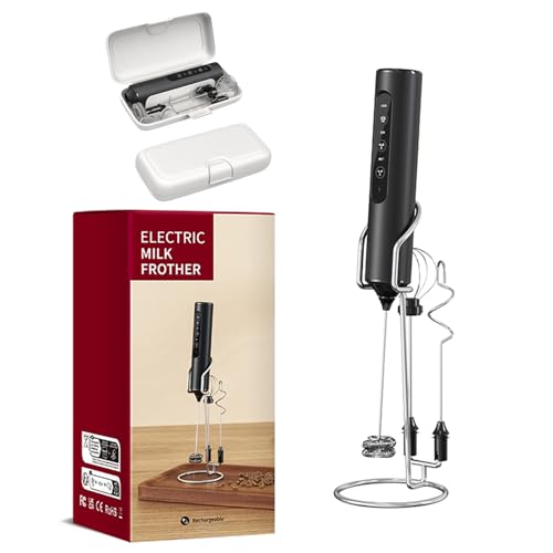 Espumador de leche de mano, recargable, potente licuadora de bebidas de mano de tres velocidades con licuadora de acero inoxidable y soporte, adecuado para café, latte, capuchino (negro)