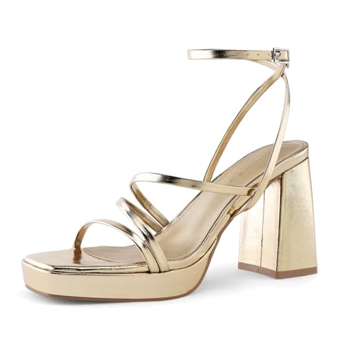 Image of Shoe'N Tale Platform Heels for Women Strappy Block Chunky Heels Square Toe Ankle Buckle Sandals