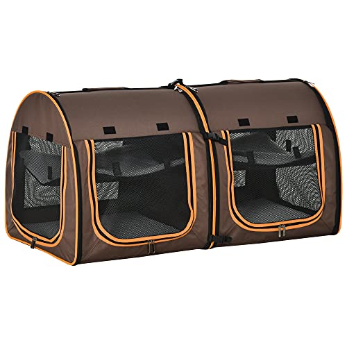 PawHut 39  Portable Soft-Sided Pet Cat Carrier with Divider, Two Compartments, Soft Cushions, & Storage Bag, Brown