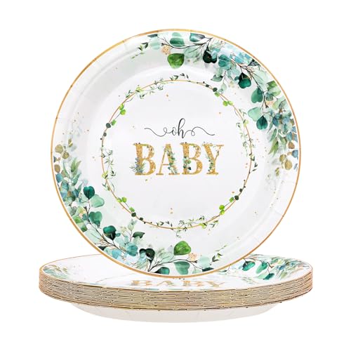 TOPWAYS Sauge Vert Baby Shower Assiette Jetable, 18cm Eucalyptus Baby Shower Assiette Carton Plateau Vaisselle Jetable pour Fête Garçon Fille Baby Shower Gender Reveal Party (Assiettes 7inch 24pcs)