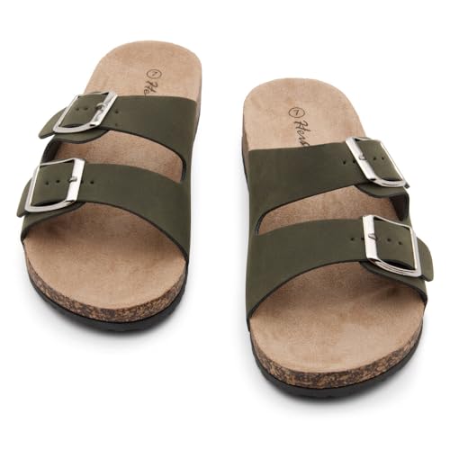 Image of Herstyle Womens Cork Footbed Slides for Women, Double Strap Flat Sandals, Adjustable Buckle Comfort Slip On Shoes, Summer Beach Casual Walking Slippers