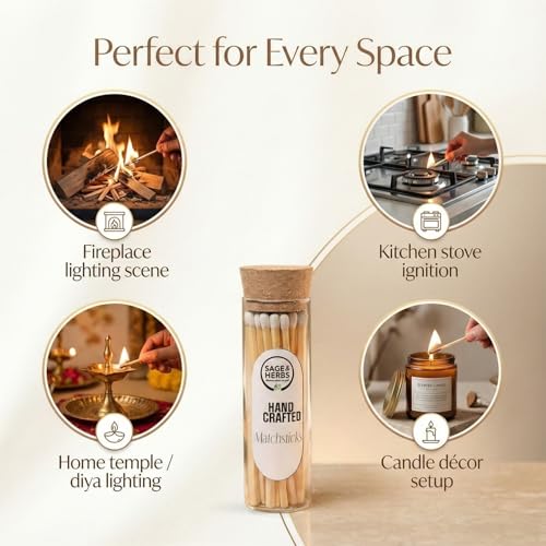 Image of Sage & Herbs Long 35 Matchsticks in a Borosilicated Cork Jar | For Fireplace, Kitchen, Home Temple | Long Burn Time Matcsticks (White, Extra Long)