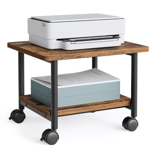 VASAGLE Heavy-Duty Printer Stand with Locking Wheels, 2-Tier Industrial Mobile Cart with Storage Shelf, Under Desk Printer Table for Home, Office, 13.4" Height, Rustic Brown and Black UOPS00