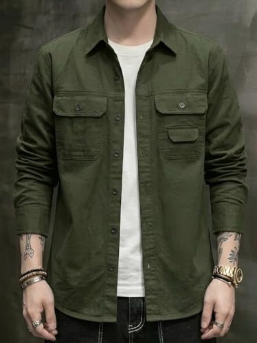 Image of SMOWKLY Men's Casual Shirt Jacket for Men | Lightweight 100% Cotton Overshirt | Full Sleeve Utility Shacket with Pockets | Stylish for Everyday Wear | Full Sleeve Button Down Shirt