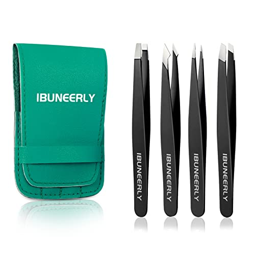 iBuneerly Ensemble Pincettes 4Pcs avec Étui, Acier Inox, Noir