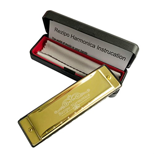 Harmonica Standard 10 Hole 20 Tones Harmonica Key of C Blues for Beginners Students Children Kids with One Year Warranty, Gold By REZIPO