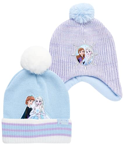 Disney Frozen Elsa and Anna 2-Piece Beanie Hat Set, Girls Knitted Winter Beanie Set with Pom and Earflaps for Kids, Multi, One Size
