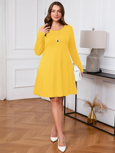 Image of AusLook Women's Plus Midi Dress Long Sleeve Crew Neck A-Line Swing Flowy Vacation Fall Wedding Guest Dresses with Pocket 1-5X
