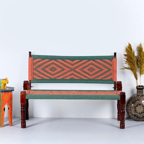 Image of Srima Wooden Bench for Living Room | Handcrafted Sheesham Wood Backrest Bench for Balcony & Garden | Traditional Rajasthani Patio for Outdoor with Cotton Handwoven Rope | Green and Orange