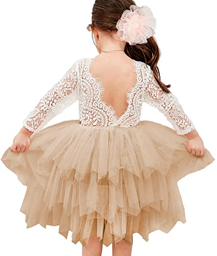 Topmaker Backless A-line Lace Back Flower Girl Dress (6-12 Month, Sleeve-Champagne)