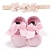 Carolilly Chaussures Bébé Fille Princesse avec Bandeau Floral Chaussures Bowknot Anti-Dérapant Pour Baptême Mariage Photographie Cérémonie, Rose, 0-6 mois