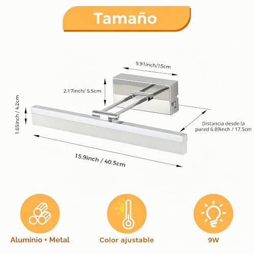 Miniatura 3 de Ecobrt Lámpara De Espejo Baño Led 40.5cm, 3 Temperaturas De Color 3000k 4000k 6000k, 9w 510lm Aplique Espejo Baño Moderno Impermeable Ip20 Cromo