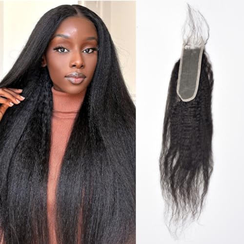2x6 Kinky Straight Lace Closure Brazilian Human Hair Coarse Italy Yaki Closure 6x2 Frontal For Black Women Pre Plucked Natural Black (2x6 kinky straight closure, 16inch)