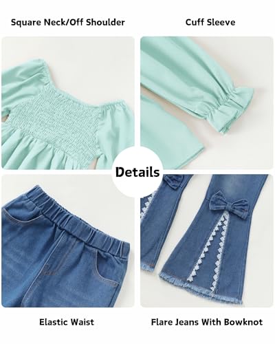 Image of XUANHAO Toddler Girls Clothes Puff Sleeve Smocked Shirt Flare Jeans Pant Outfits for Girl Bell Bottom Kids Girls Clothing Set