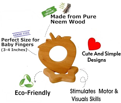 CarveNation Neem Wood Dumb Bell Teether | Tender Dumbbell Shape Wood Teethers | Ayurvedic Beneficial Neem Baby Gum Soothers | Beautiful Chewbies For Toddlers (Tooty Frooty)