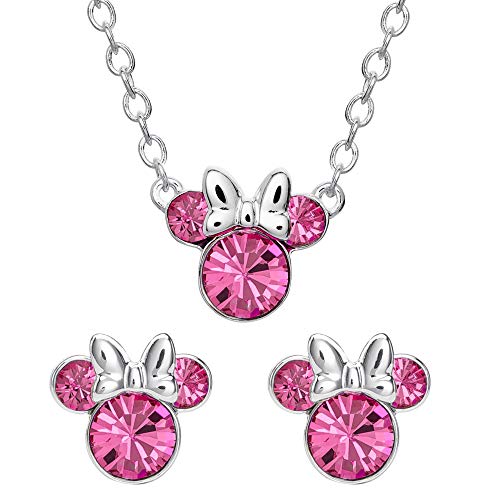 Disney Minnie Mouse October Birthstone Silver Plated Necklace and Stud Earrings Set, Official License