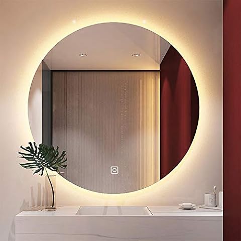 Bathroom mirror Round mirror backlit LED light mirror round wall-mounted smart with lamp mirror 50 * 50/60 * 60/70 * 70cm two-color light single touch anti-fog mirror Cover