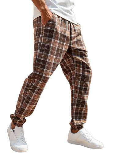 WDIRARA Men's Plaid Print Drawstring Waist Pants Loose Fit Casual Jogger with Pocket