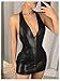 WDIRARA Women's Faux Leather Backless Halter Mini Dress Zip Front Sleeveless V Neck Bodycon Dress Black X-Small