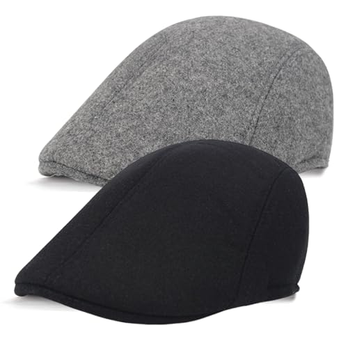 2 Pcs Flat Cap, Men's Flat Caps, Mens Flat Cap, Flat Caps for Men Uk, Peaky Blinders Hat Duckbill Hat Outdoor Golf Cap, Newsboy Cap Hunting Hats for Men, Women, Golf, Fishing, Shooting (Black Grey)