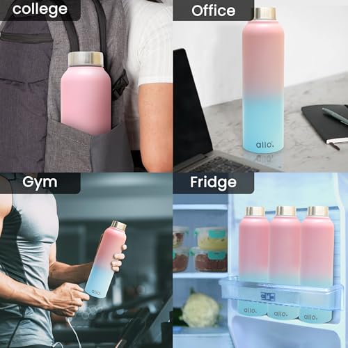 Image of Allo Stainless Steel Water Bottle For Adults, Kids 1 Litre Water Bottles For School, Office, Sports, Gym 1L Water Bottle For Men And Women, Pack Of 2 | Leak Proof, Bpa Free, Pink & Baby Blue Steel Cap