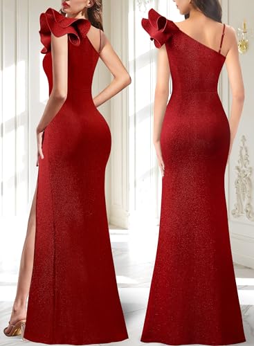 Image of VFSHOW Womens Ruffle One Shoulder Strap Ruched Formal Prom Wedding Maxi Dress V Neck Elegant Split Cocktail Evening Long Gown