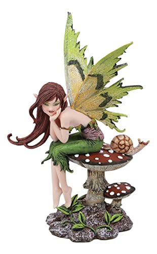 Ebros Amy Brown Forest Willow Thinking of You Fairy Sitting On Wild Giant Toadstool Mushroom with Snail Statue 6.5