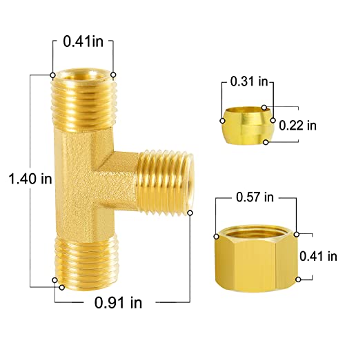 Chillwaves Brass Tee Compression Tube Fitting, 1/4" Od X 1/4" Od X 1/4" Od Compression Union Connector(5-Pack) #TOP3