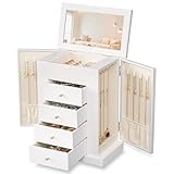 Emfogo Jewelry Boxes for Women, 5-Layer Large Leather Jewelry Organizer Box with Mirror and Drawers, Jewelry Storage for Necklaces Earrings Rings Bracelets, Gifts for Loves (White)