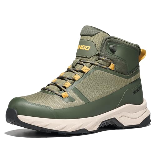NINGO Mens Waterproof Hiking Boots Breathable Lightweight Hiking Shoes Comfortable Outdoor Ankle Boots for Trekking Camping Backpacking Walking Mountaineering Dark Green Size 10.5