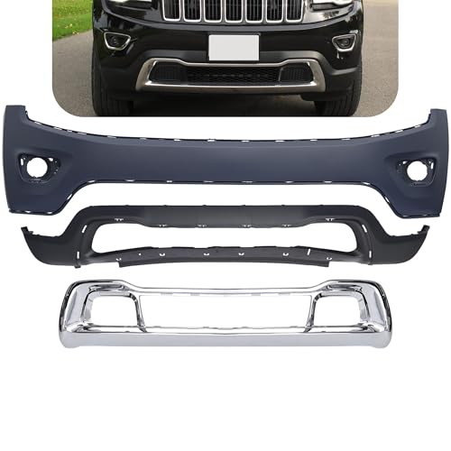 PENSUN Front Bumper Kit for 2014 2015 2016 Jeep Grand Cherokee, without Parking Sensor Holes, Including Front Bumper Cover, Chrome Front Lower Grille Trim