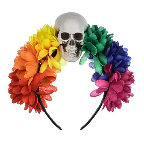 June Bloomy Rose Floral Crown Skull Day of the Dead Headpiece Halloween Party Headband (Rainbow Sunflower)