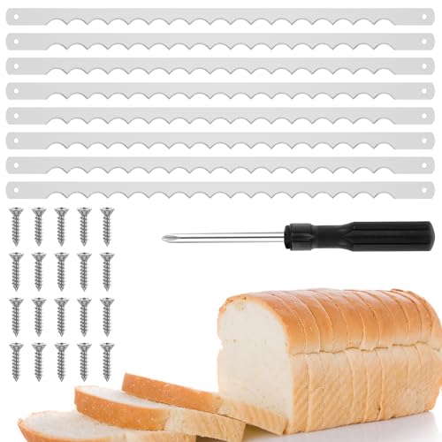 8Pcs Bread Bow Cutter Blades Stainless Steel Replacement Blade with Screws and Screwdriver 10.8×0.43 Inch Serrated Bread Blade Rustproof Bread Slicer Bread Cutting Tool for Wooden Bread Cutter