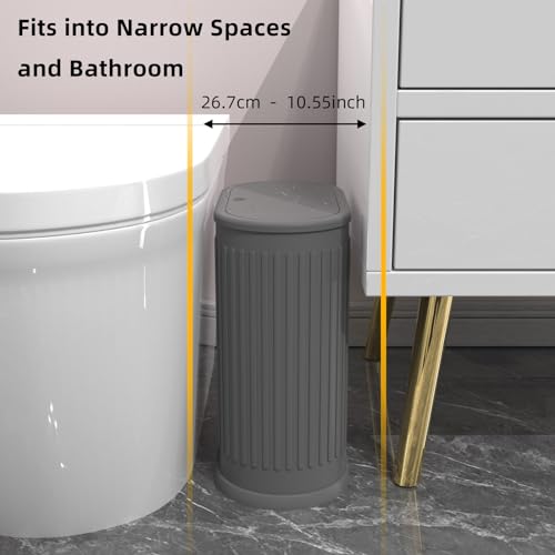 Image of KSSKSS 1.8 Gallons Small Stainless Steel Trash Can with Press Type Lid, Slim Bathroom Garbage Bin, Removable Liner Bucket, Dog Proof Narrow Wastebasket with Pop-Up Lid for Bedroom,Toilet (Gray)