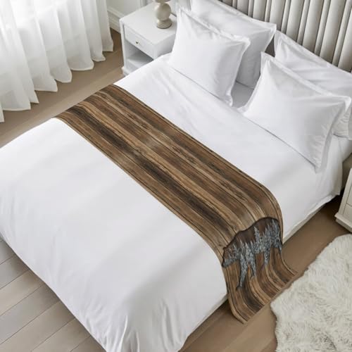 Bed Runner for Cal.King Size, Bear Cabin Decorative Scarf Throws for Foot of Bed, Brown Forest Animals Vintage Wooden Luxury Bedding Protector Slipcover Bedrunners for Hotel/Home, 102 x 20 Inch