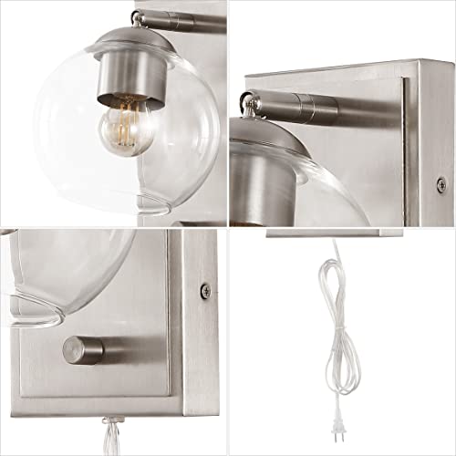 Image of JONATHAN Y 6 inch Nickel 1-Light with Clear Globe Modern Wall Sconce, Plug-in or Hardwired LED Adjustable Wall Light with Dimmer Switch, Clear Glass Globe Shade, Mid-Century Lamp (JYL7567B)