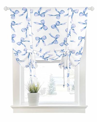 Tie Up Curtains for Windows Classic Watercolor Blue Bow Rod Pocket Tie-Up Window Shade Adjustable Balloon Curtain Valance Retro Bow-Knot Art for Bedroom Kitchen Bathroom Blinds,42x45in