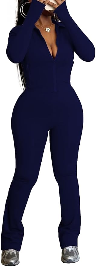 HBQ Women's 2 Piece Tracksuit Sets Long Sleeve Zip Up Crop Tops and Flare Pants Casual Workout Oufit Jogger Loungewear Set-Dark Blue-L