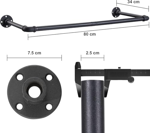 Kleiderstange für Wand, 120cm Garderobenstange im Industrie-Design Industrierohr Kleiderstange, bis 50 kg belastbar, einfache Montage, Abnehmbare Garderobenstangen aus Metall/Mattschwarz