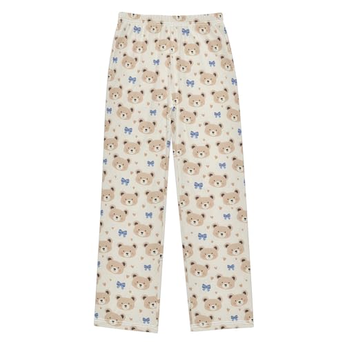 Pajama Pants Sleep Pants Soft Elastic Waist Pajama Lounge Pants Bear Blue Bow for 6-14 Years Old