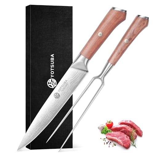 YOTSUBA Carving Knife and Fork Set, Meat Cutting Knife, Razor-Sharp German Stainless Steel Knives Fork Set with Ergonomic Wood Handle, Slicing Knives for Meats, BBQ & Vegetables