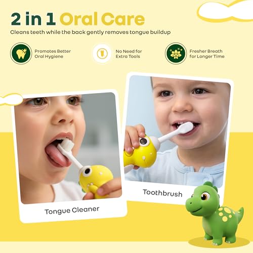 Image of R for Rabbit Tiny Smiles Dino Kids Toothbrush with Tongue Cleaner for Toddlers & Babies 2+ Years | Extra Ultra Soft PBT Bristles, Gentle on Gums | Cute 3D Dinosaur Easy Grip Handle | BPA Free (Yellow)