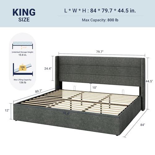 Image of Allewie King Size Lift Up Storage Bed, Modern Wingback Headboard, Hydraulic Support, No Box Spring Needed, Dark Grey