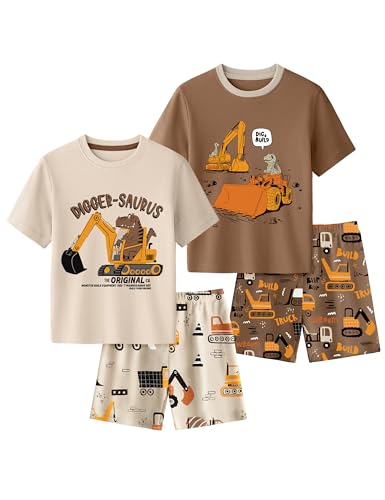 Yoofoss Toddler Pajamas 100% Organic Cotton 4 Piece Short Sleeve Summer Pajama Set Kids Pajamas Boys Girls Snug Fit Pjs Set Brown Excavator 3T