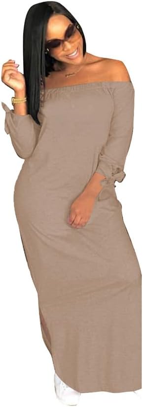 OLUOLIN Women's Casual Letter Print Off Shoulder Long Sleeve Bowknot Sides Slit Loose Long T-Shirt Maxi Dress - Image 2